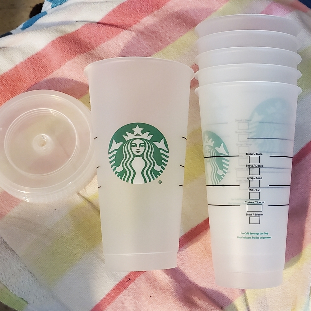 Starbucks reusable cold cups.